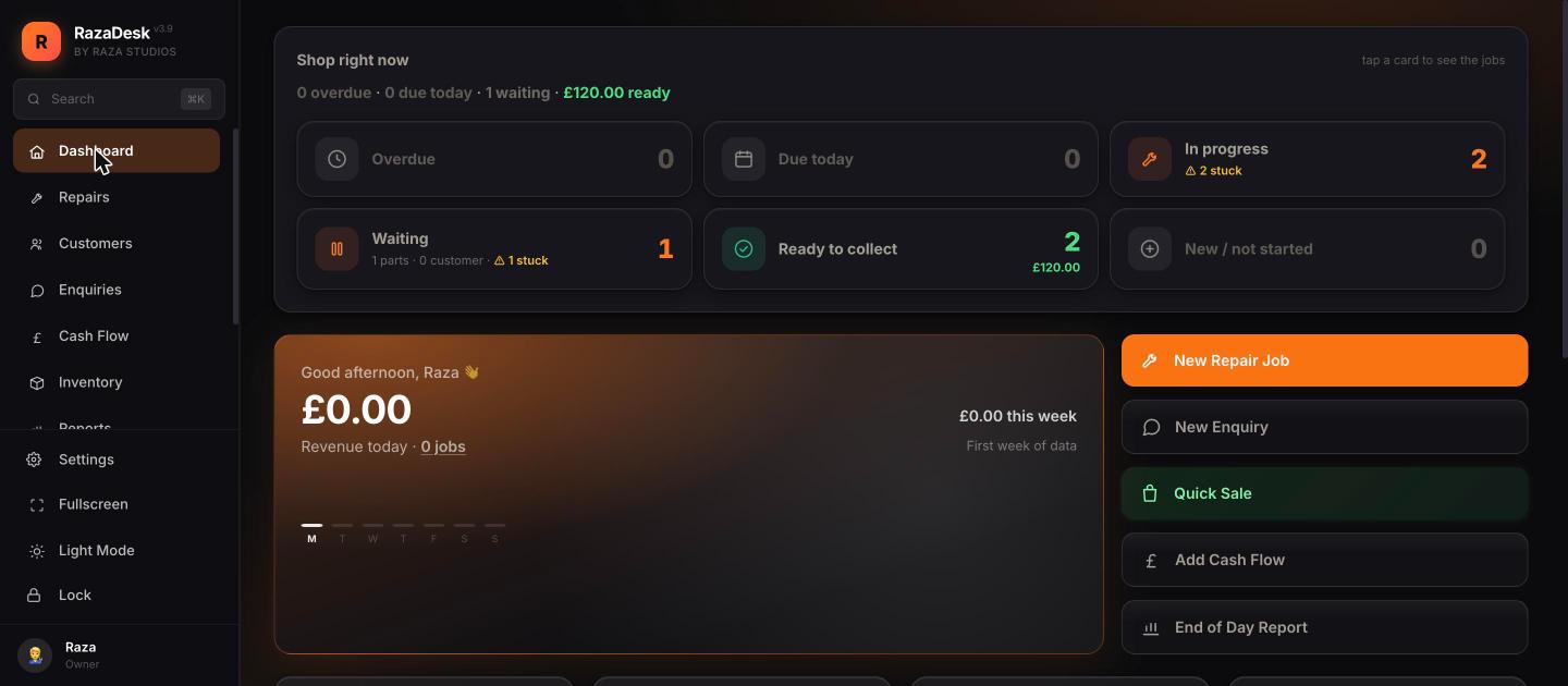 RazaDesk dashboard showing job stages and takings